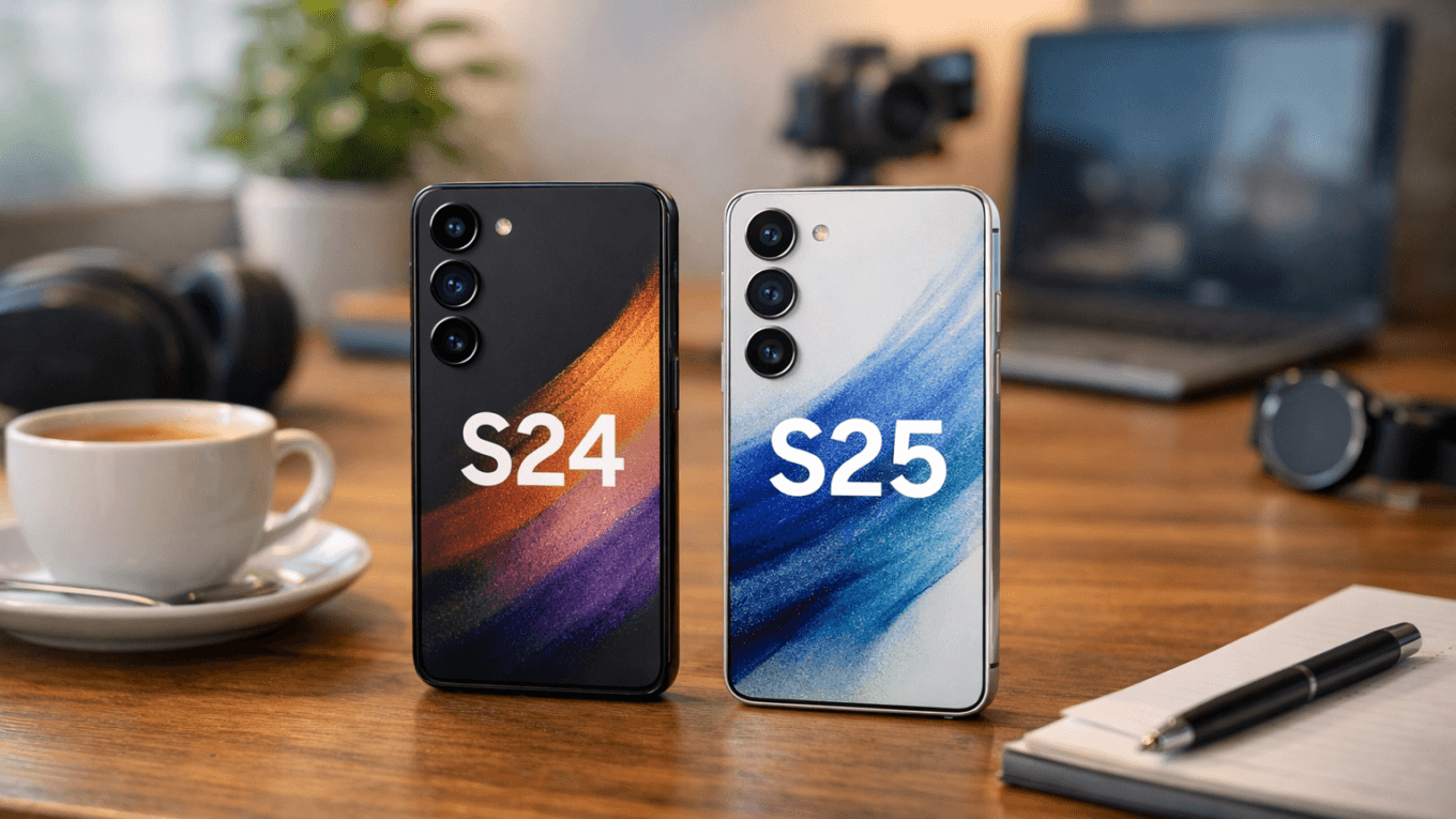 Galaxy S24 e Galaxy S25 lado a lado em uma mesa de café durante teste para review
