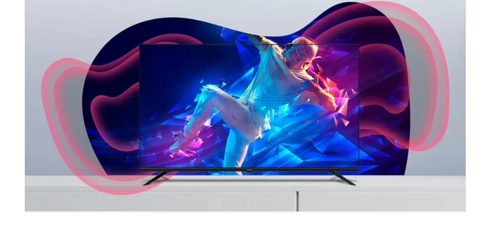Smart TV com representação gráfica de ondas sonoras saindo das laterais, simbolizando som imersivo e potente.