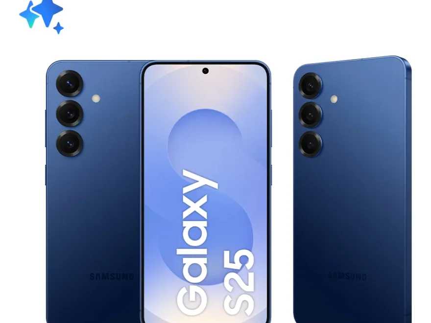 Smartphone Samsung Galaxy S25 5G na cor azul-marinho visto de frente e de costas. A tela exibe o logotipo "Galaxy S25" e a parte traseira mostra o conjunto de três câmeras verticais e o flash LED.