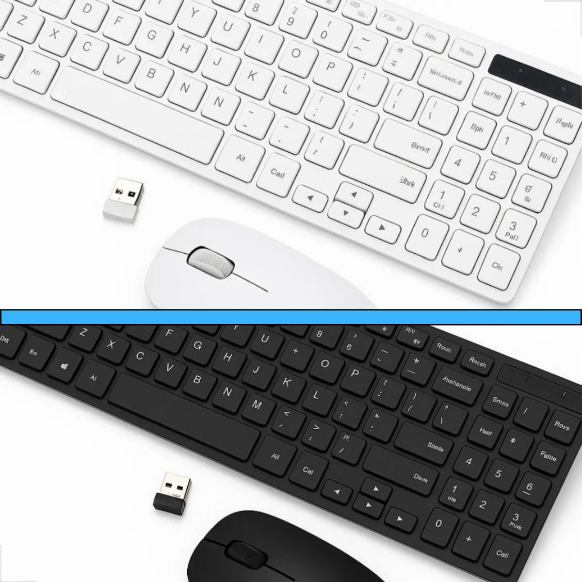 Kit de teclado e mouse sem fio ultra slim branco com receptor USB sobre fundo neutro
