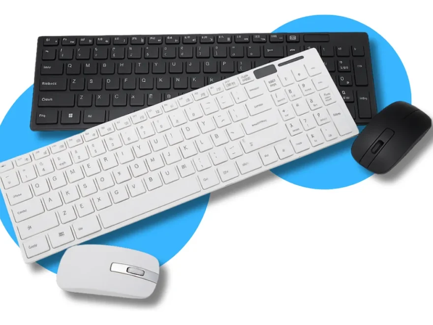 Kit de teclado e mouse sem fio ultra slim branco com receptor USB sobre fundo neutro
