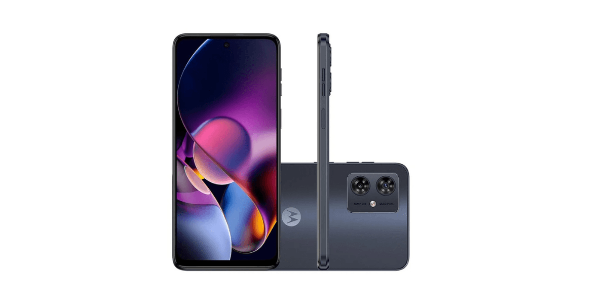 Samsung Galaxy A15 128GB visto de frente e verso, destacando a tela Super AMOLED de 6,5 polegadas e o design traseiro do smartphone