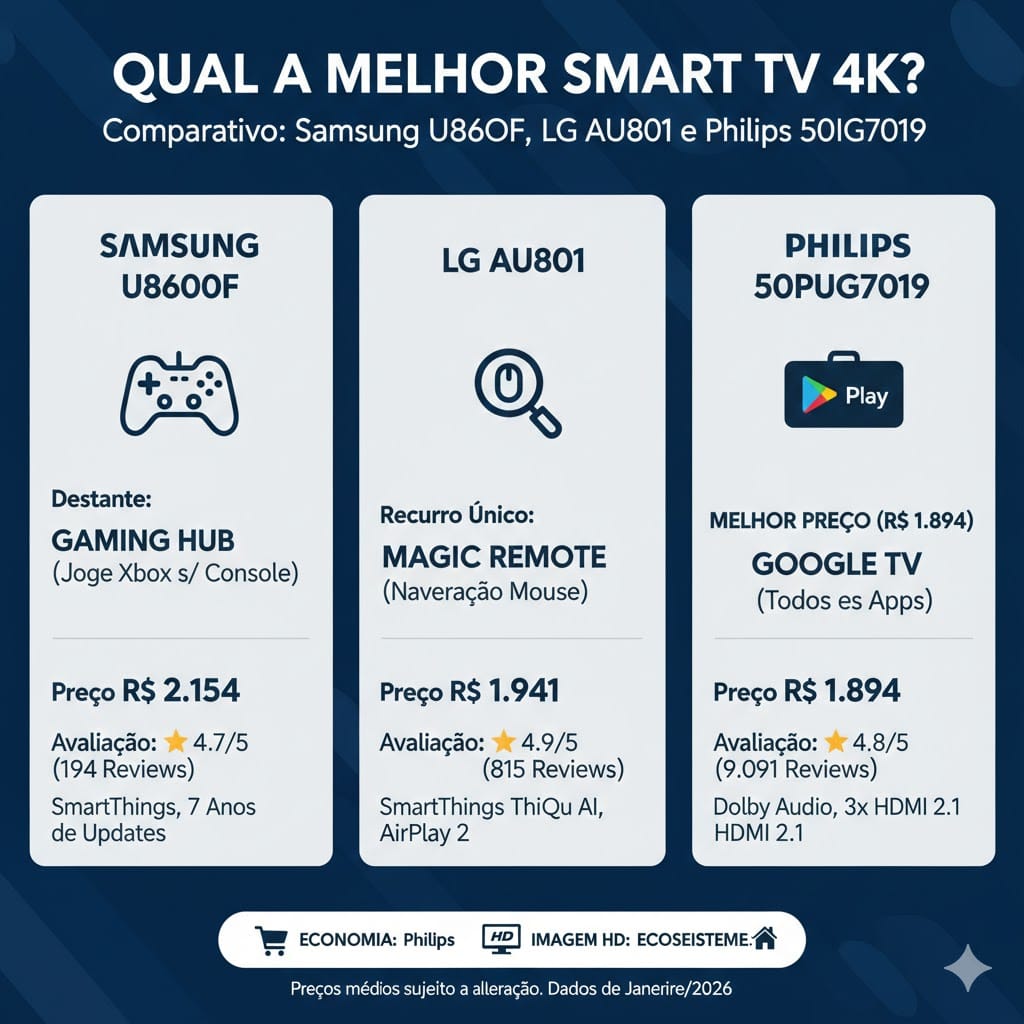 Infográfico comparativo mostrando preço, avaliações e principais recursos da Samsung U8600F, LG AU801 e Philips 50PUG7019