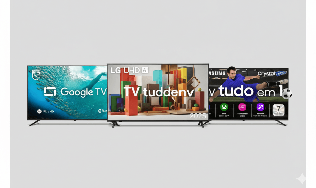 Comparativo entre as TVs Samsung U8600F, LG AU801 e Philips 50PUG7019 lado a lado.