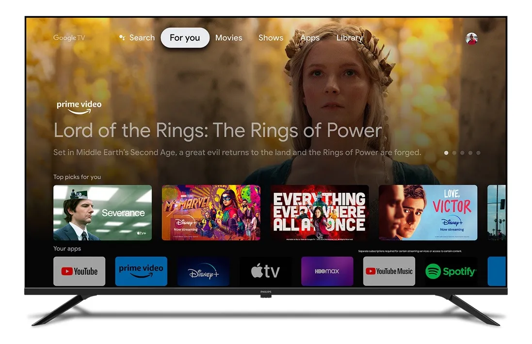 Tela inicial do Google TV na Philips mostrando recomendações personalizadas e acesso à Google Play Store