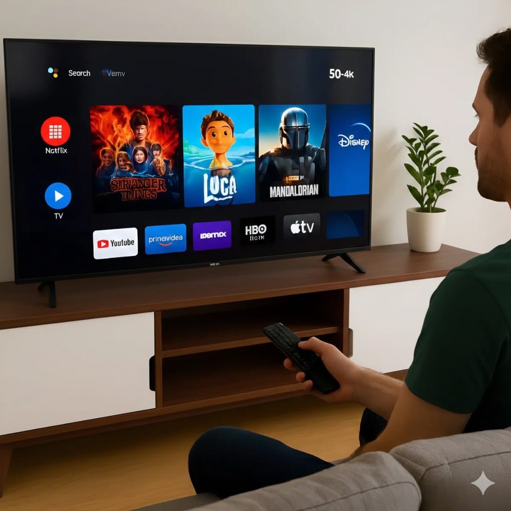 Homem sentado no sofá usando controle remoto em frente a uma Smart TV de 50 polegadas sobre rack de madeira e branco.