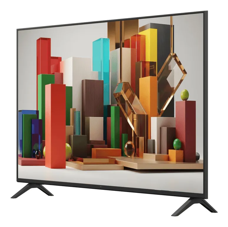 Smart TV LG vista em ângulo lateral, destacando a manutenção das cores vivas e o design fino com pedestal de dois pés.