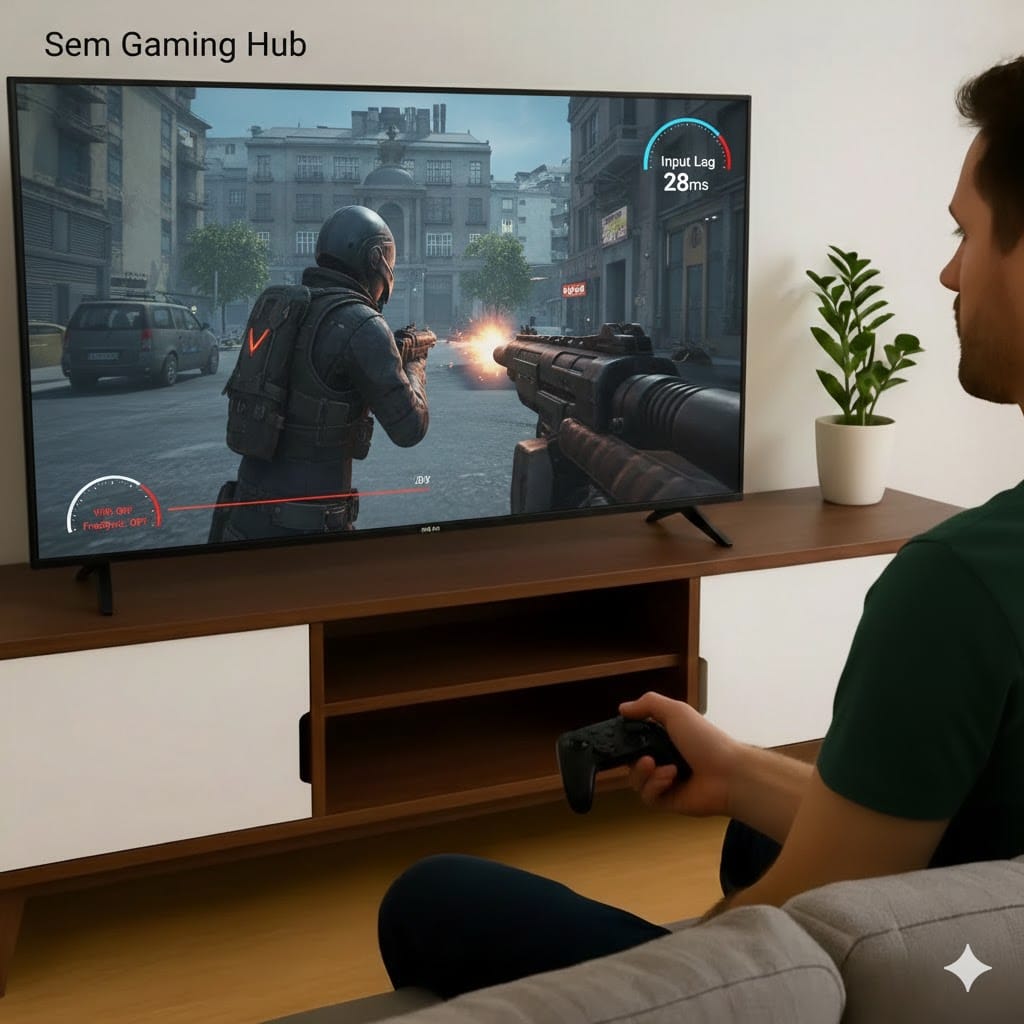 Gamer jogando em uma Smart TV Philips que exibe avisos de ausência de Gaming Hub, FreeSync e VRR, com medidor de input lag em 28ms.