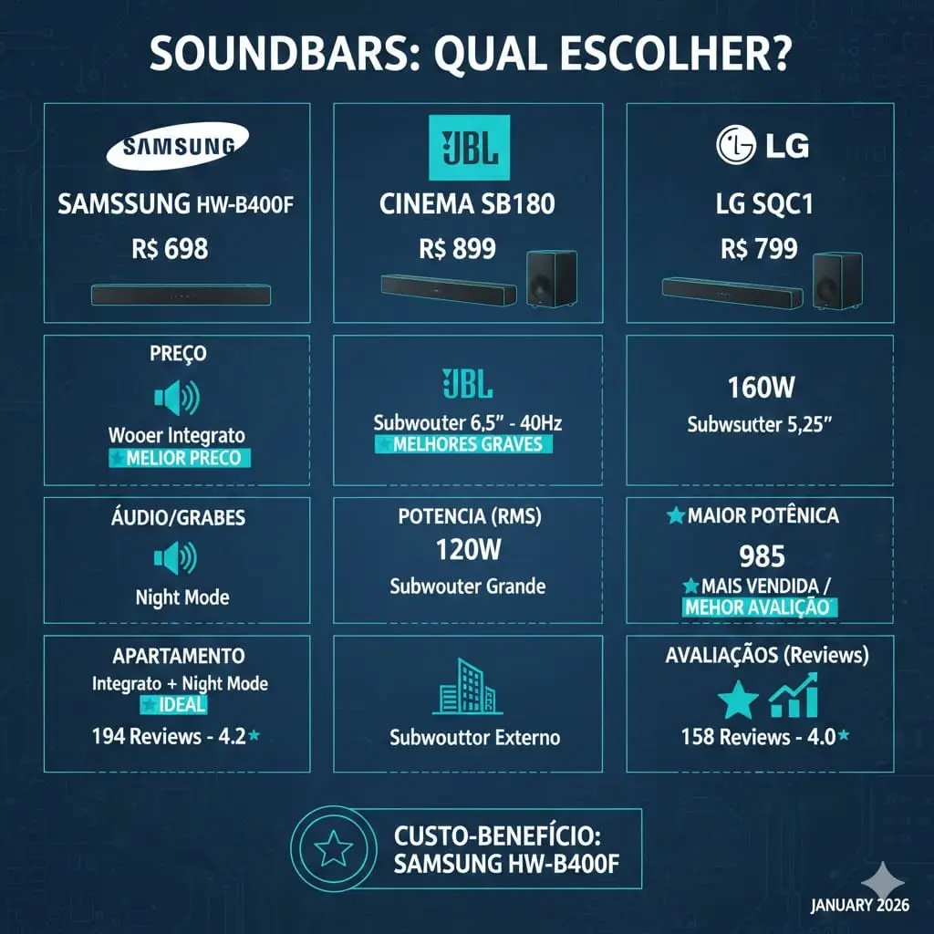 Infográfico comparativo mostrando preço, avaliações e principais recursos da Samsung HW-B400F, JBL Cinema SB180 e LG SQC1