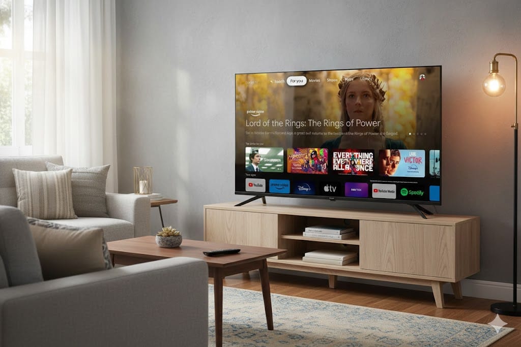 Smart TV de 50 polegadas exibindo interface de streaming em uma sala de estar moderna e iluminada.