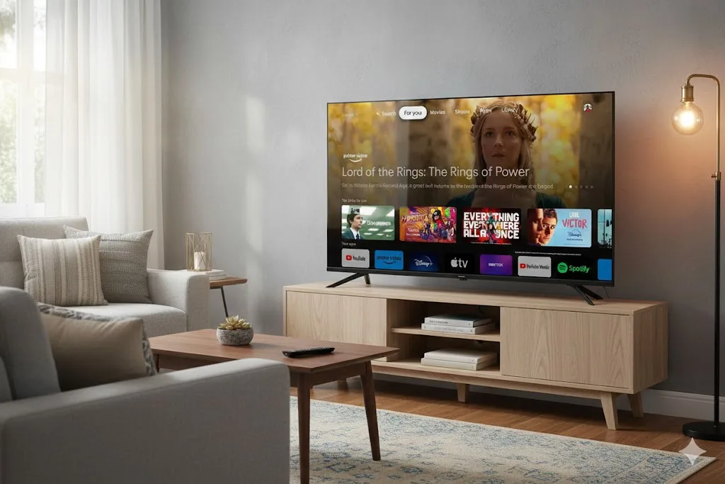 Smart TV Philips de 50 polegadas exibindo interface de streaming em sala de estar