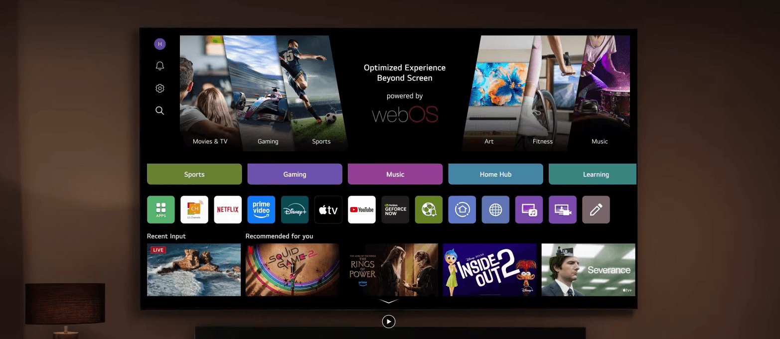 Interface do WebOS da LG AU801 com os principais apps de streaming na tela inicial