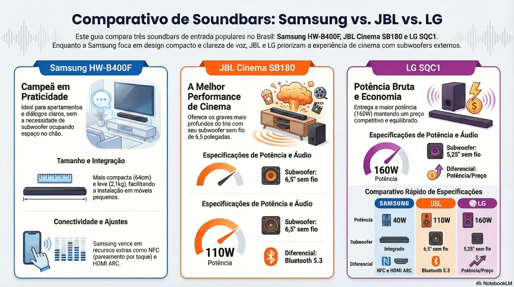Mulher sentada em uma sala de estar assistindo TV com a Soundbar Samsung HW-B400F, com ondas sonoras gráficas azuis saindo do aparelho para ilustrar a propagação do áudio.