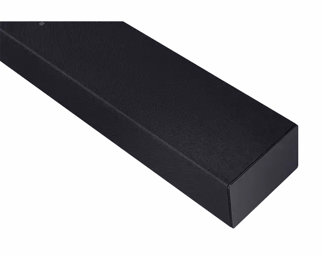 Soundbar Samsung HW-B400F na cor Titan Black com grade frontal em tecido, destacando seu design minimalista e compacto.
