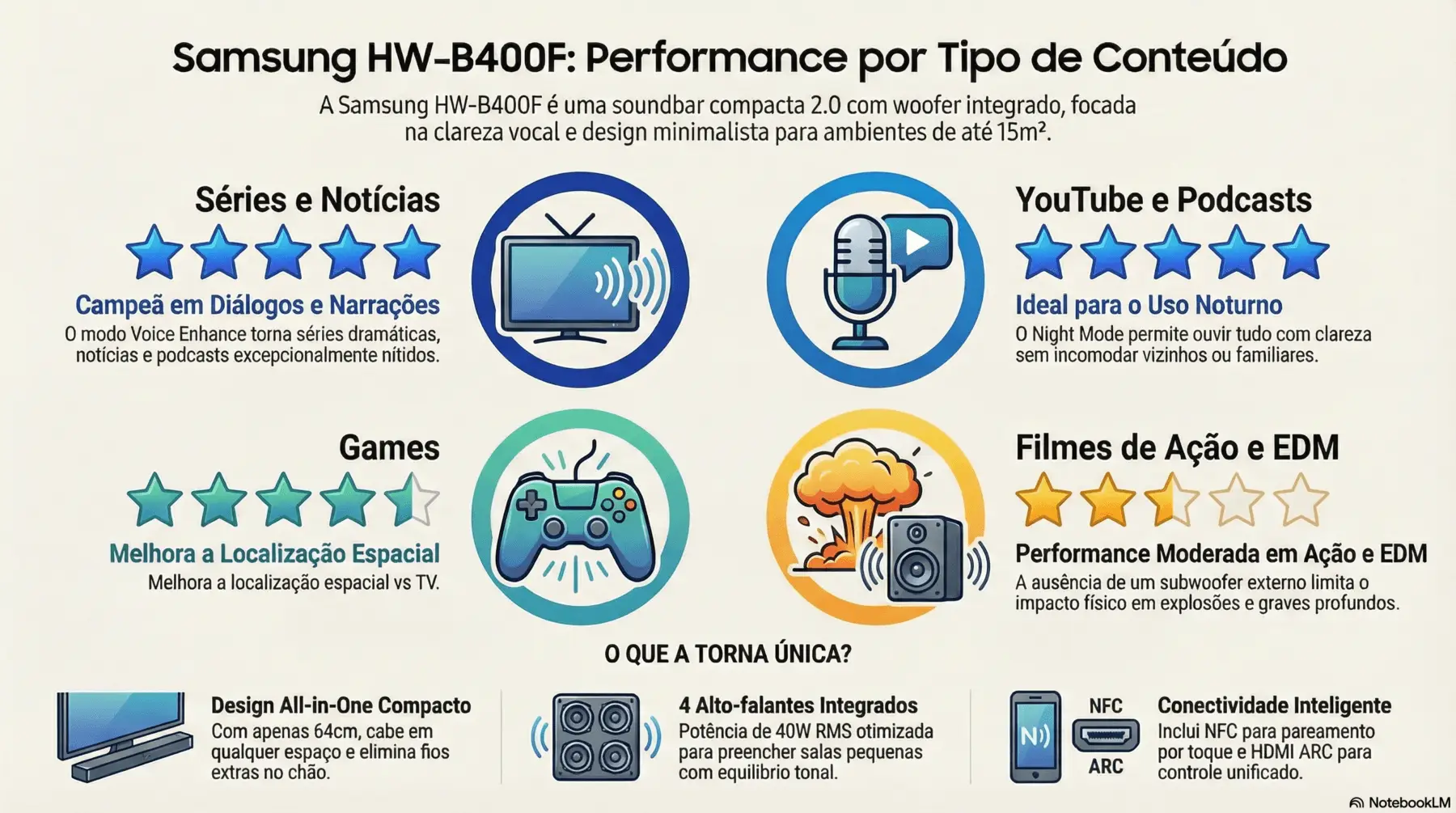 Infográfico em estilo dark mode apresentando uma tabela de desempenho da Soundbar Samsung HW-B400F.