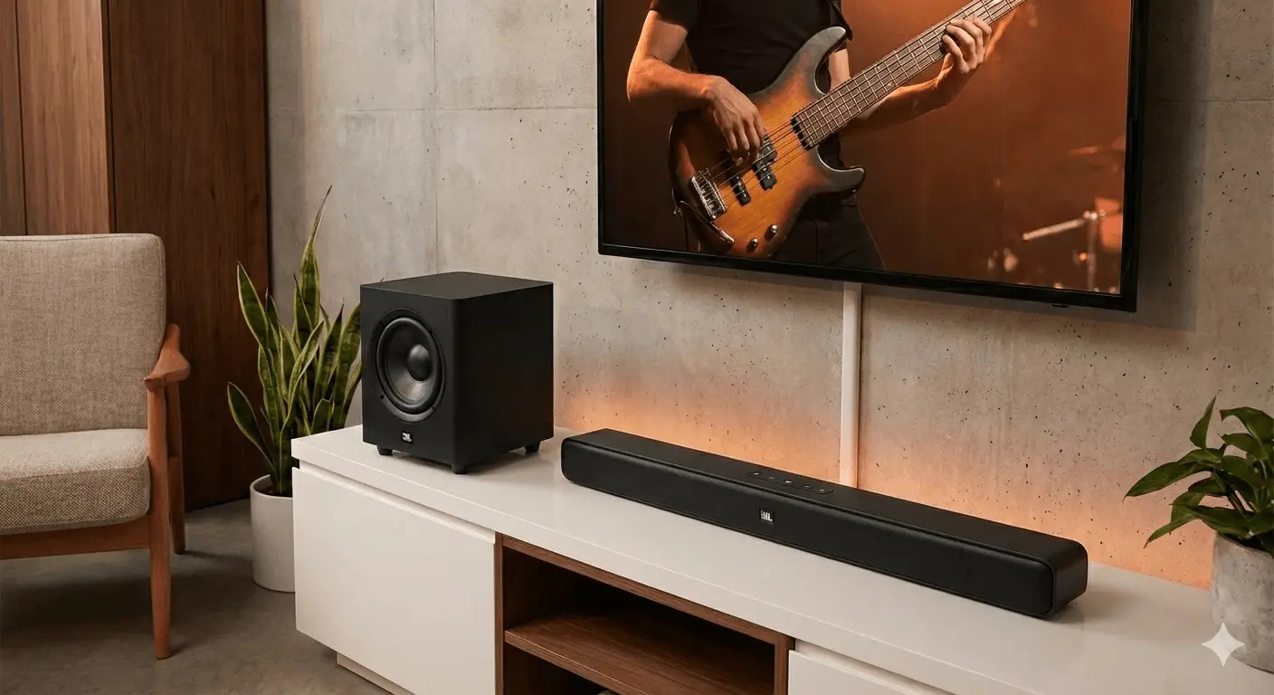 Soundbar JBL Cinema SB180 preta com subwoofer sem fio posicionada em uma sala de estar moderna sobre rack branco.
