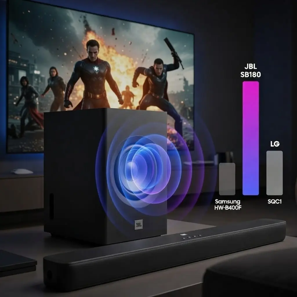 Subwoofer JBL SB180 em destaque com ondas sonoras azuis e roxas representando graves potentes, soundbar JBL ao lado, TV exibindo cena de ação de super-heróis ao fundo e gráfico comparativo mostrando superioridade nos graves em relação a concorrentes.