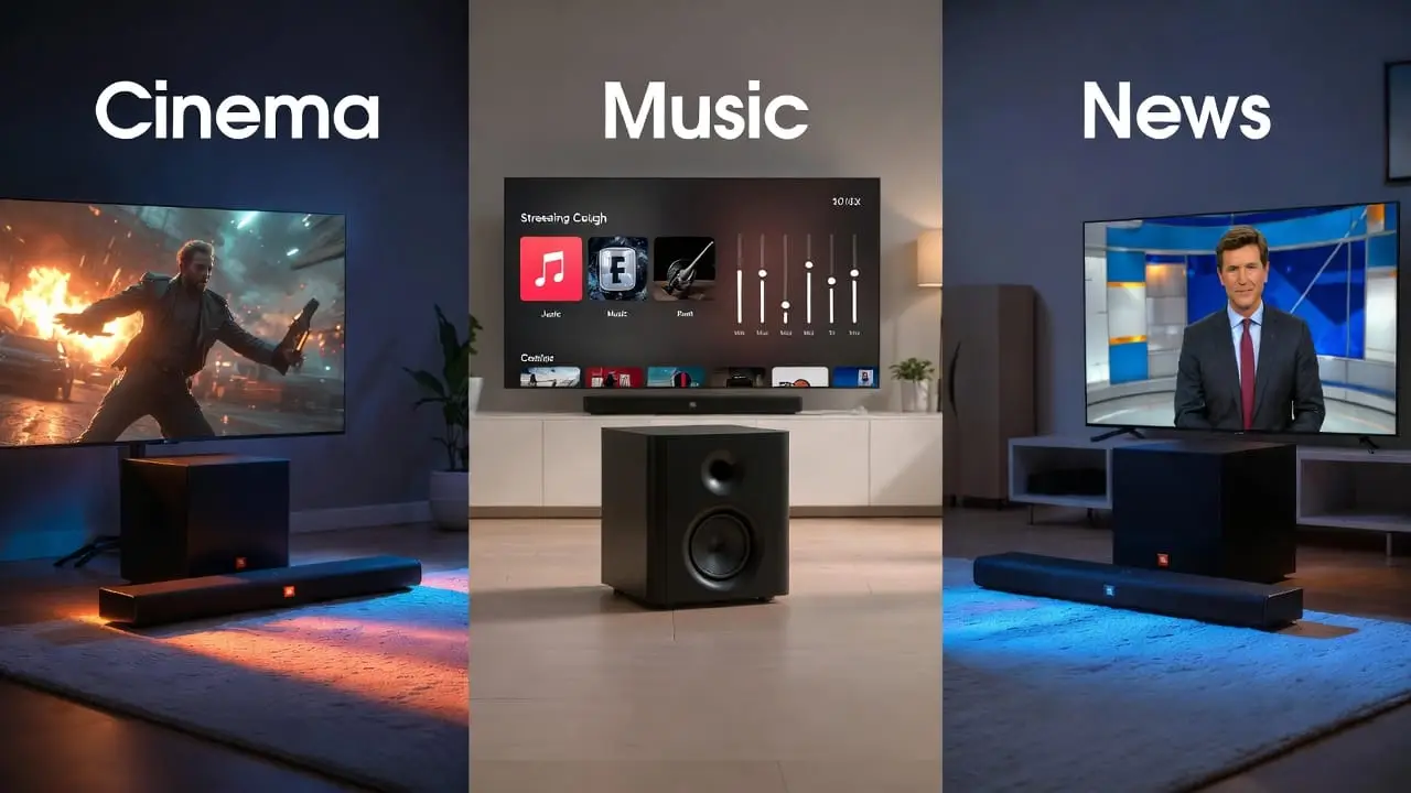 JBL Cinema SB180 com subwoofer destacando os 3 modos de som: Cinema (filme de ação explosivo), Music (interface de streaming musical) e News (telejornal com apresentador), em sala moderna premium