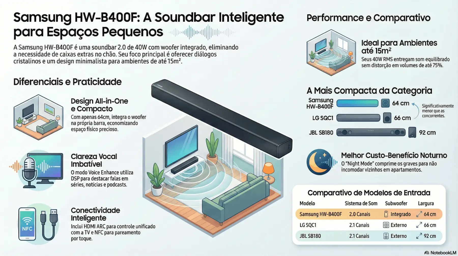 Infográfico detalhado da Soundbar Samsung HW-B400F destacando ser ideal para espaços de até 15m², design compacto de 64cm com woofer integrado, recursos de clareza vocal e conectividade NFC/HDMI ARC.