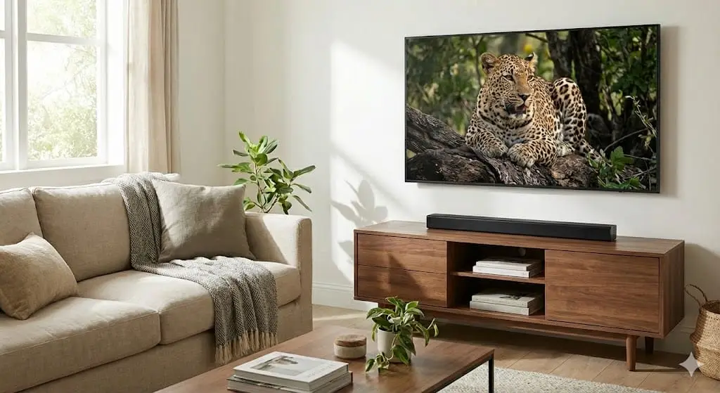 Soundbar Samsung HW-B400F preta posicionada em um rack de madeira em uma sala de estar moderna e iluminada, sem subwoofer aparente.