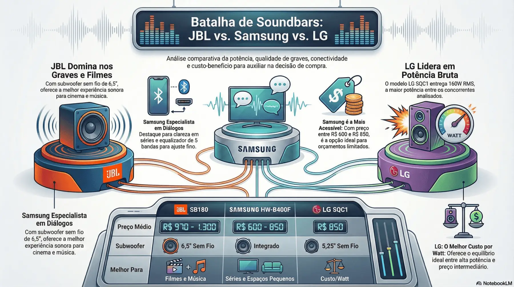 Infográfico comparativo "Batalha de Soundbars" entre os modelos JBL SB180, Samsung HW-B400F e LG SQC1. O gráfico detalha preços, tipos de subwoofer e as melhores indicações de uso para cada marca, destacando a JBL para graves, a Samsung para diálogos e a LG para custo-benefício por Watt.