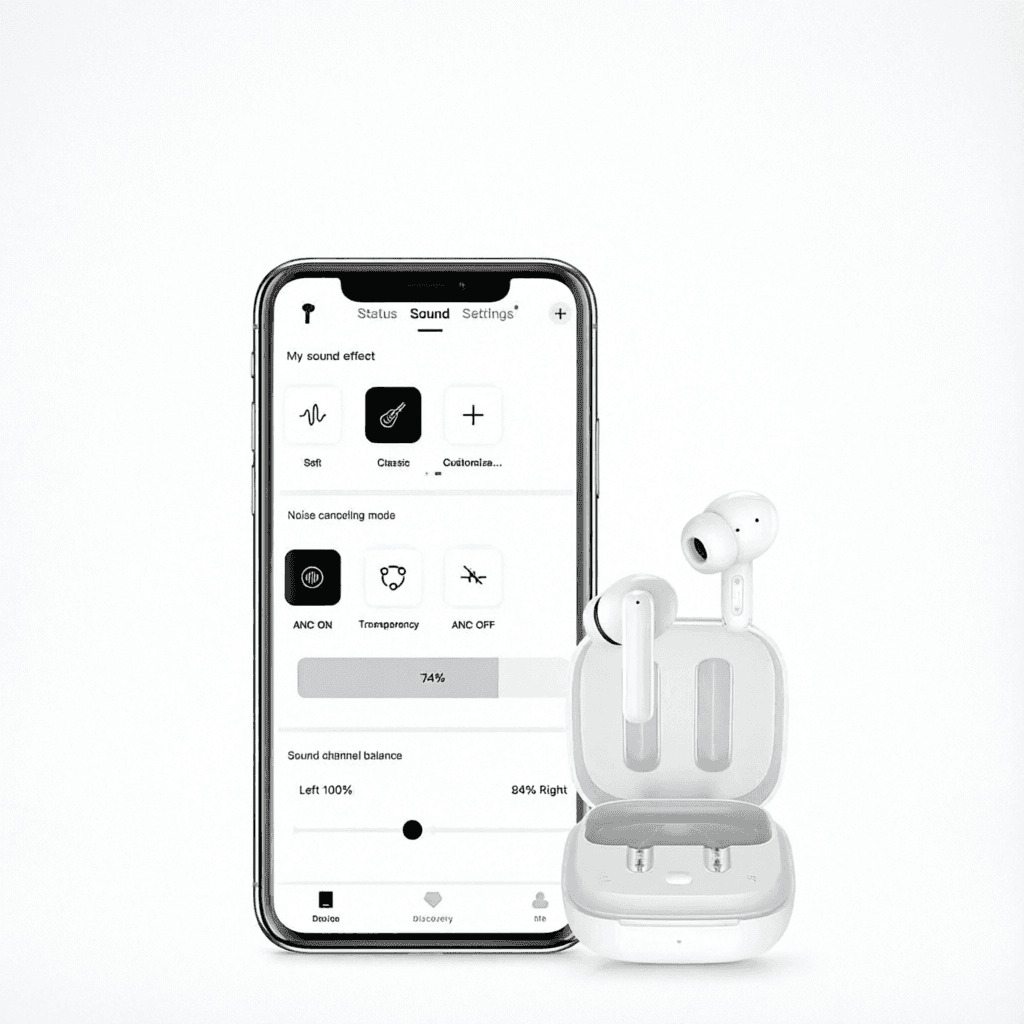 App QCY mostrando equalizador de 5 bandas e controles do T13 ANC