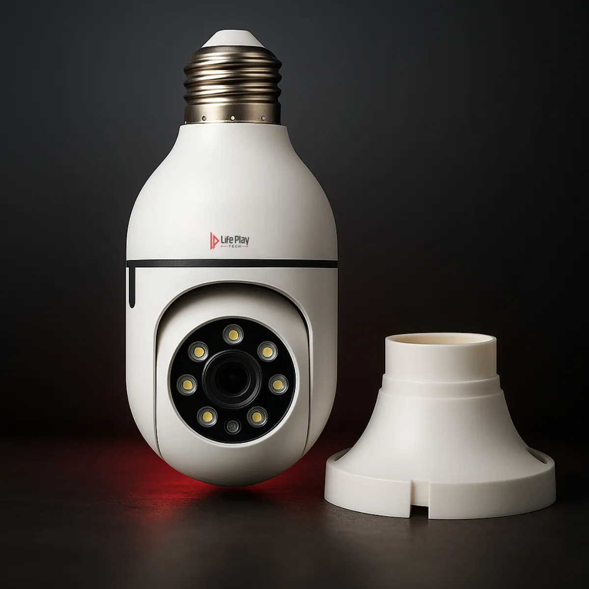 Câmera Lâmpada 360° Yoosee LP-8177 Life Play Tech instalada no teto — Wi-Fi 2,4GHz, áudio bidirecional, visão noturna e rotação 360° horizontal e 90° vertical