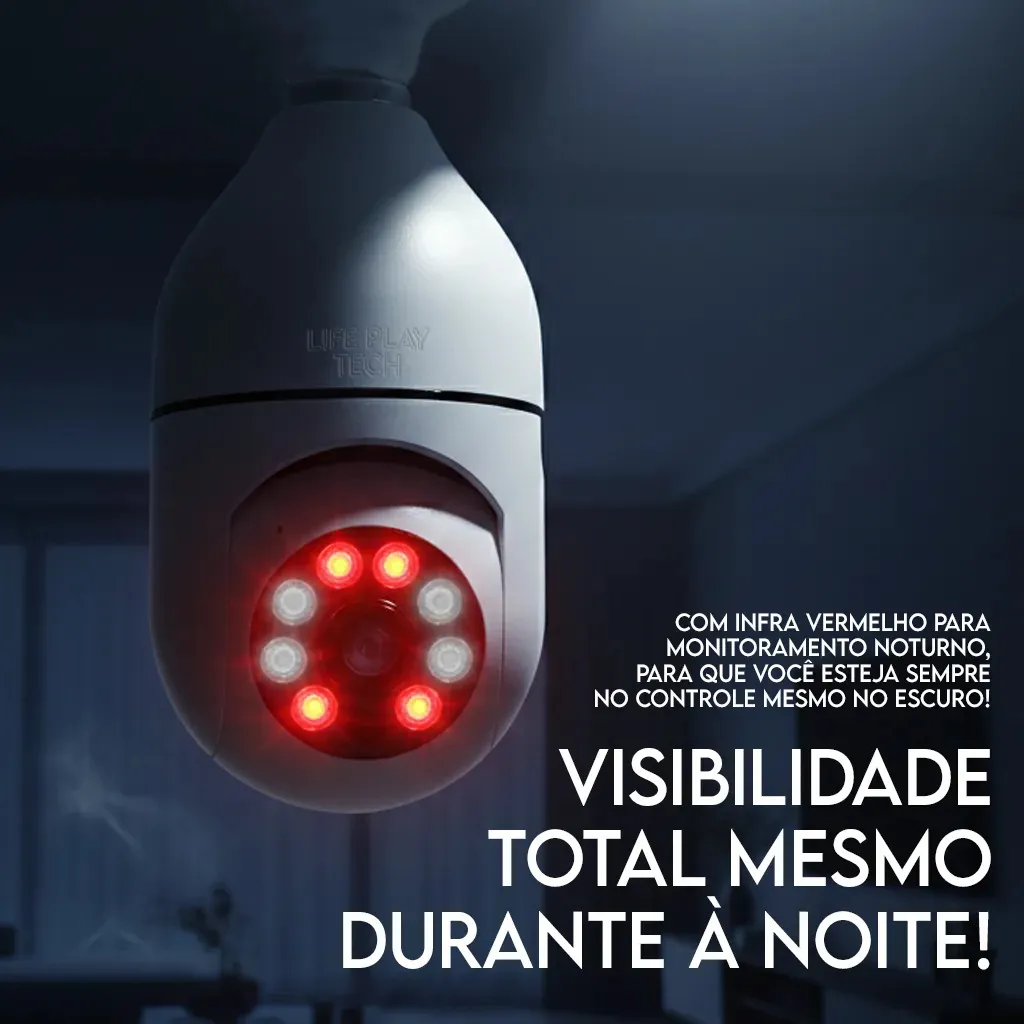Câmera Lâmpada LP-8177 com LEDs infravermelhos acesos em ambiente escuro — visibilidade total durante à noite com monitoramento noturno