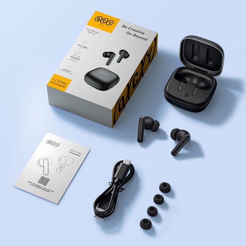 Conteúdo da caixa do QCY T13 ANC: earbuds, estojo USB-C, ponteiras e manual
