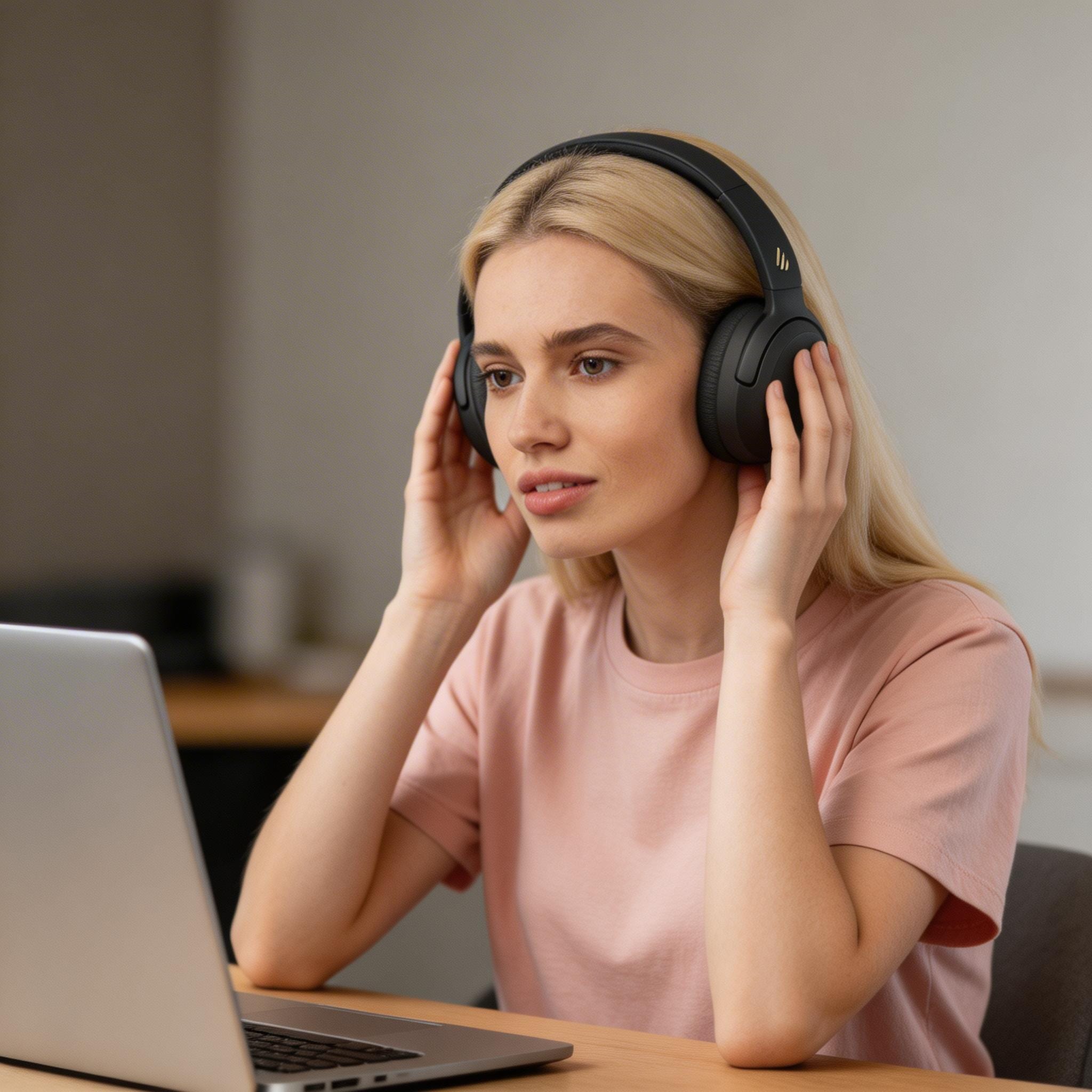 Pessoa usando Edifier W820NB em home office com expressão concentrada