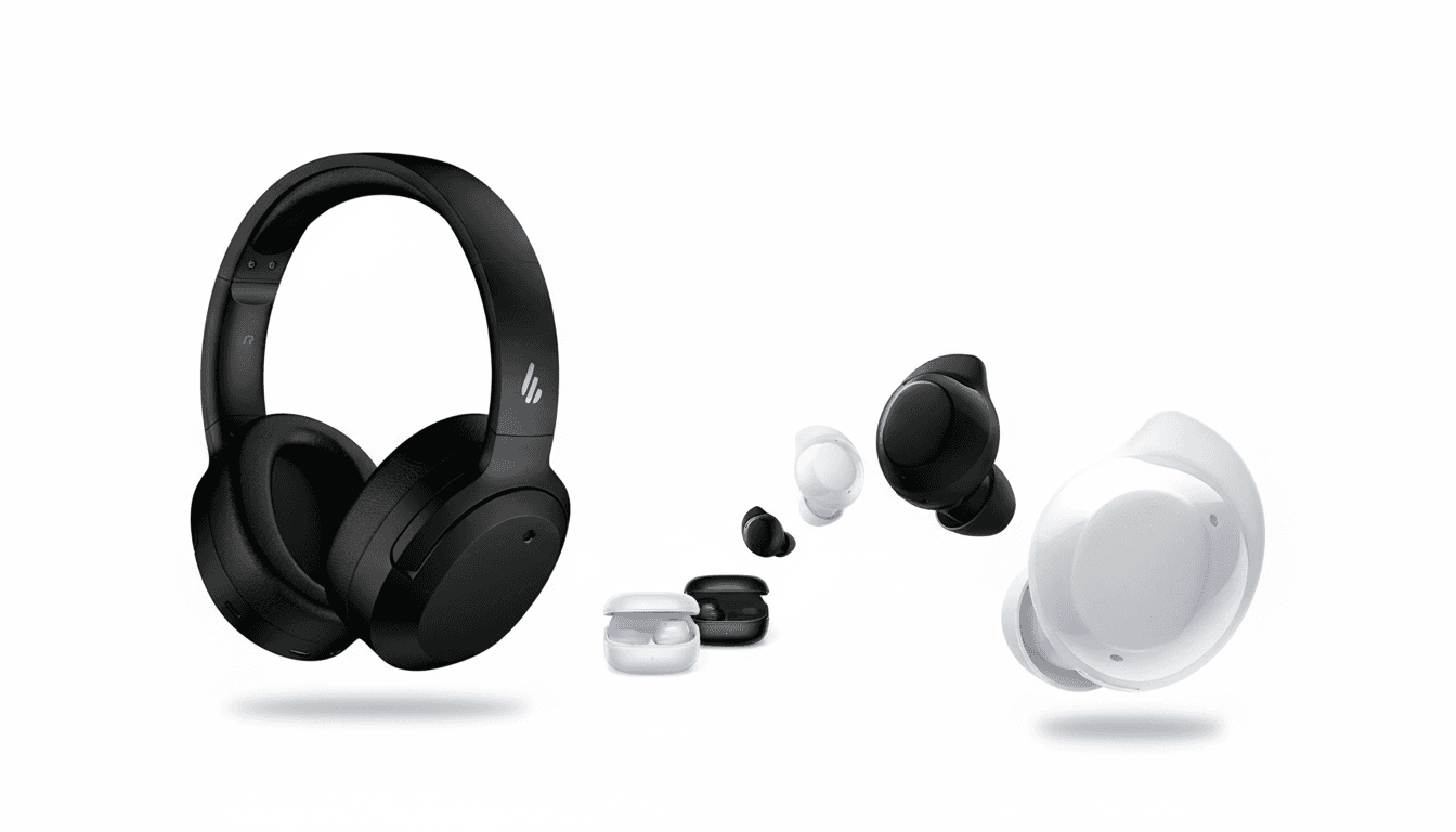 Comparativo Edifier W820NB over-ear vs Samsung Galaxy Buds Core TWS — tamanho e portabilidade