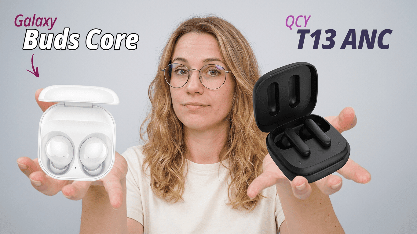 QCY T13 ANC vs Samsung Galaxy Buds Core comparativo de estojos lado a lado