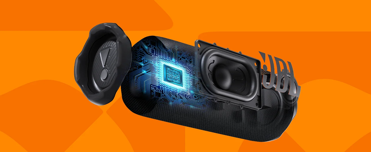 JBL Flip 7 componentes internos: woofer racetrack 45x80mm, tweeter dome 16mm, radiadores passivos laterais e tecnologia AI Sound Boost