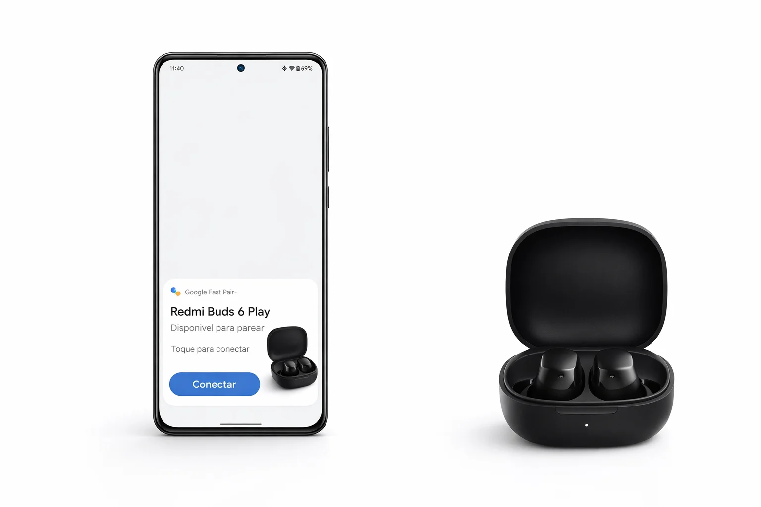 Smartphone Android exibindo tela do Google Fast Pair para conectar o Redmi Buds 6 Play com botão Conectar visível ao lado do estojo preto aberto