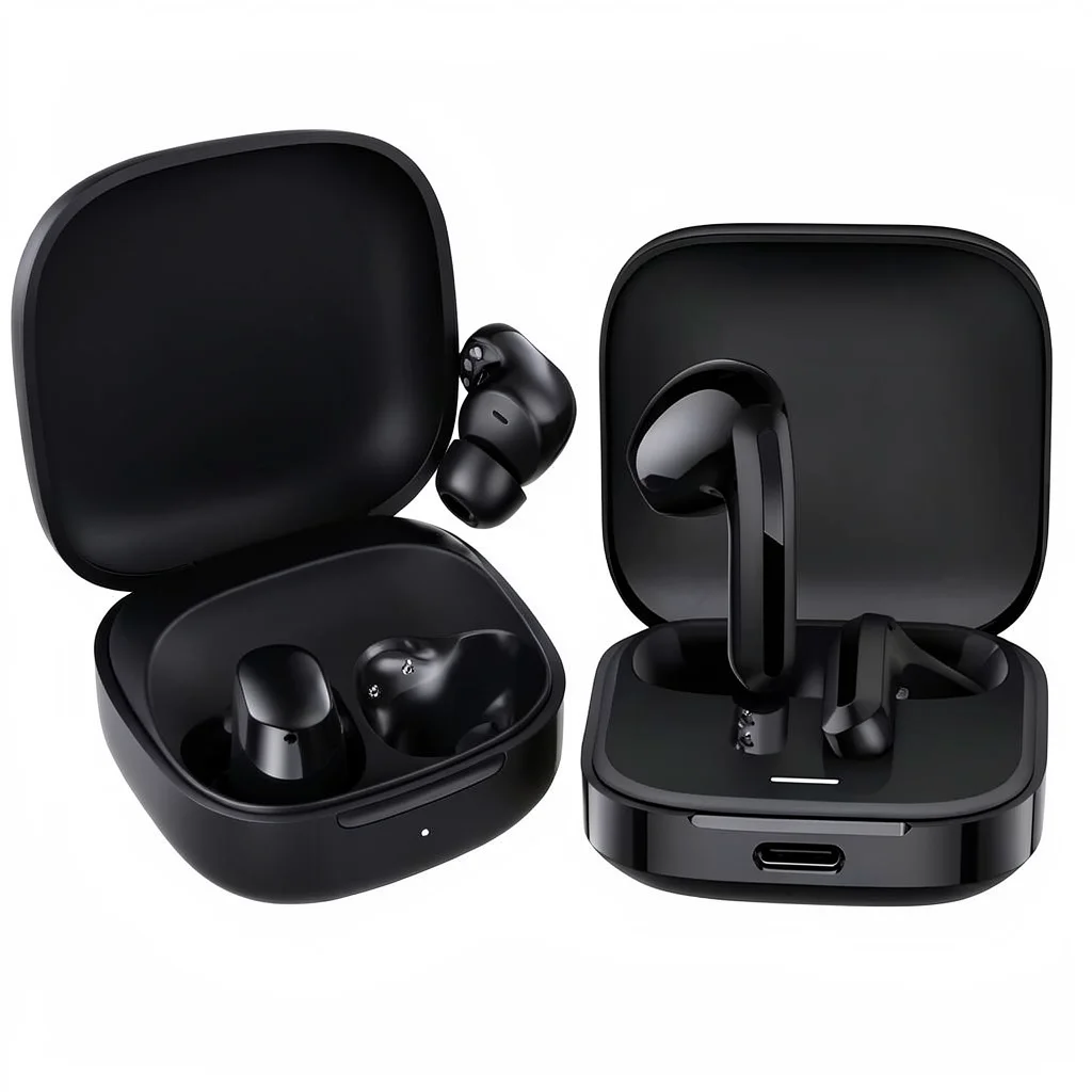 Comparativo entre Redmi Buds 6 Play (esquerda) e Redmi Buds 6 Active (direita) mostrando a diferença de design — Play sem haste e Active com asa estabilizadora