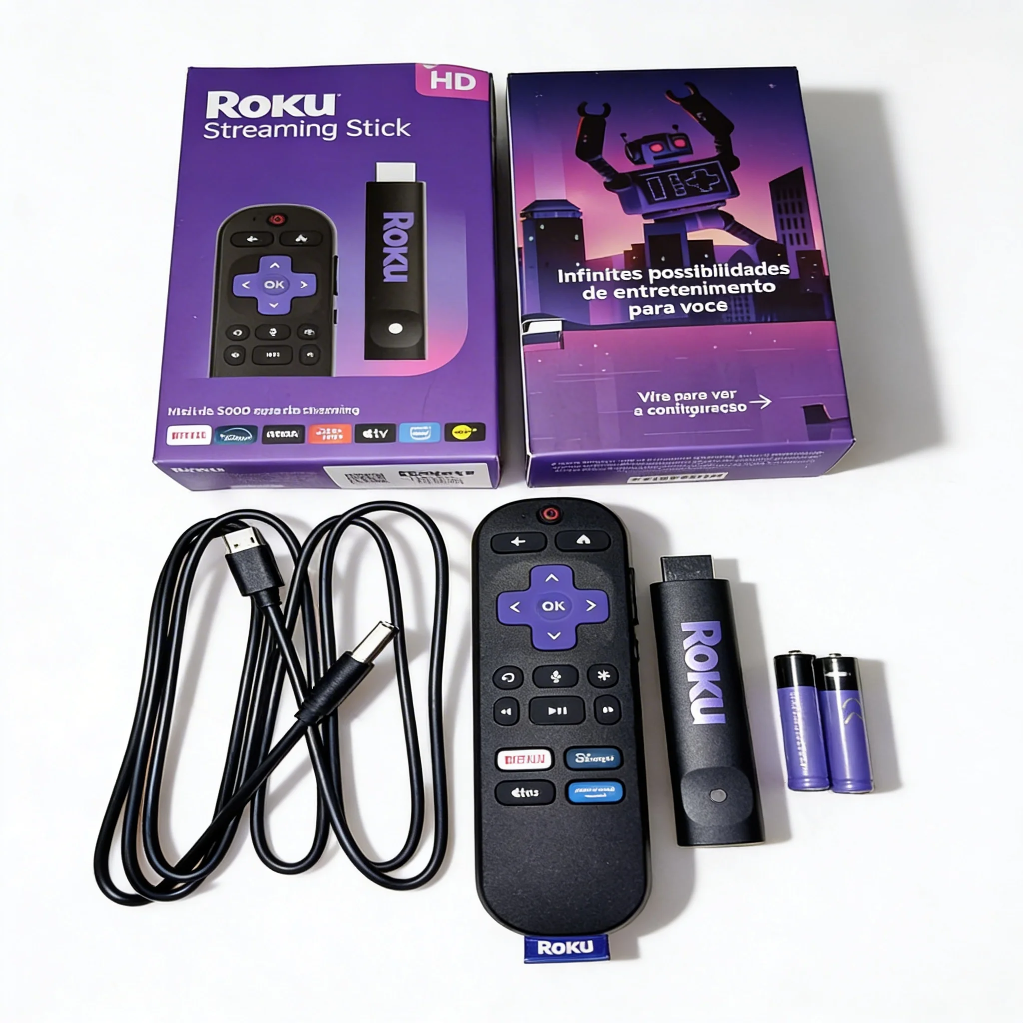 Conteúdo da caixa do Roku Streaming Stick HD: stick, controle remoto por voz, pilhas e cabo USB