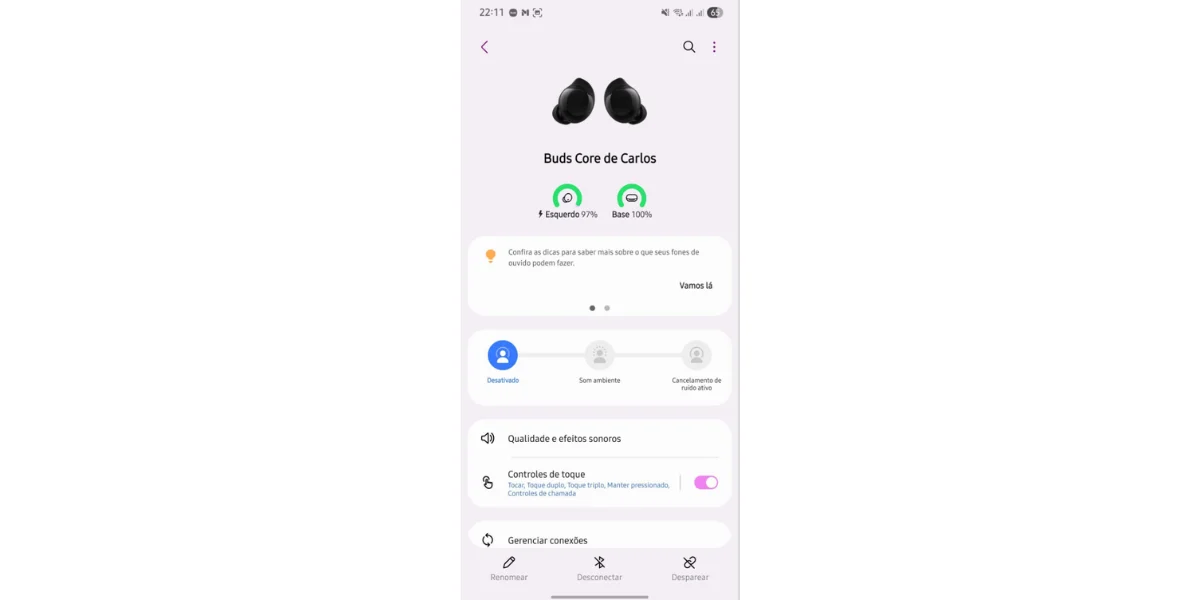 App Galaxy Wearable com Samsung Galaxy Buds Core conectado mostrando bateria e equalizador