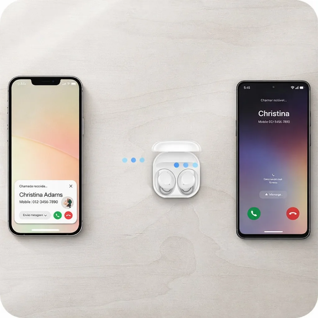 Samsung Galaxy Buds Core conectado a Android de outra marca e iPhone mostrando compatibilidade universal