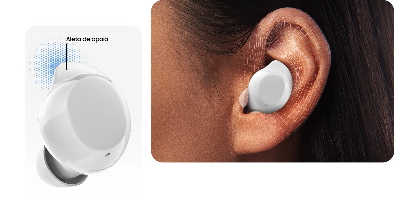 Samsung Galaxy Buds Core encaixado na orelha com asa estabilizadora e ponteira de silicone