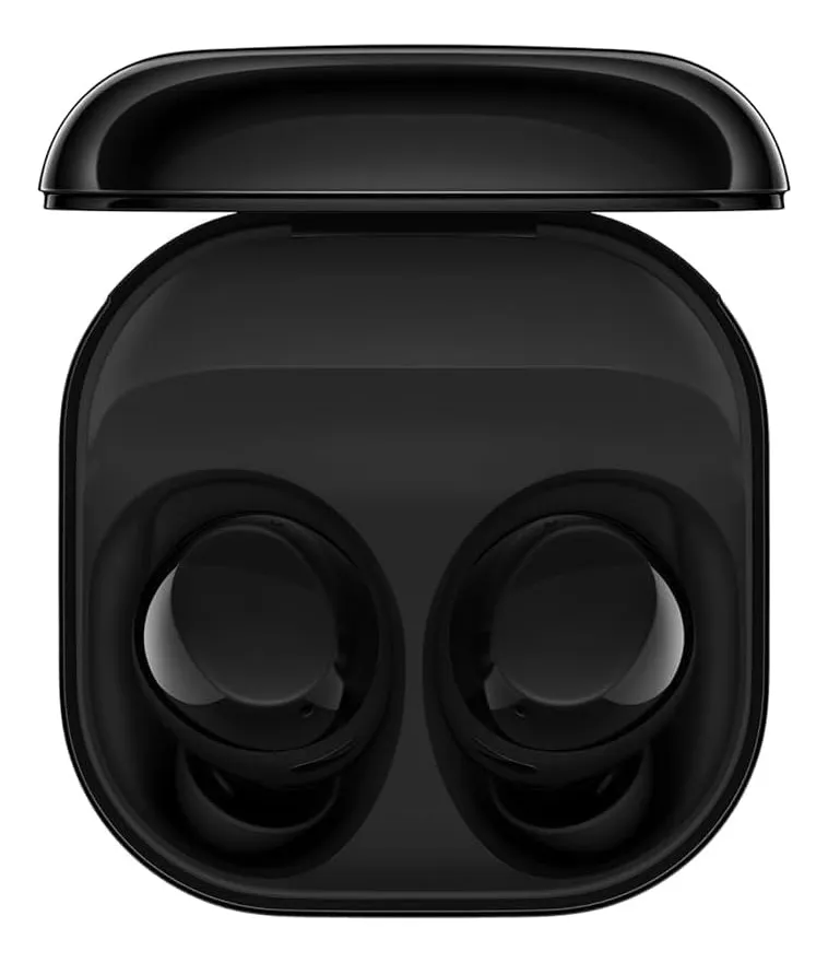 Samsung Galaxy Buds Core fone bluetooth com ANC e estojo de carregamento USB-C aberto sobre superfície neutra