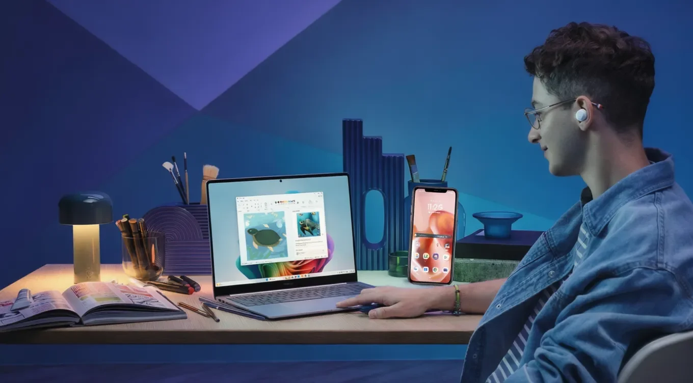 Pessoa usando Samsung Galaxy Buds Core no trabalho com notebook e smartphone Samsung