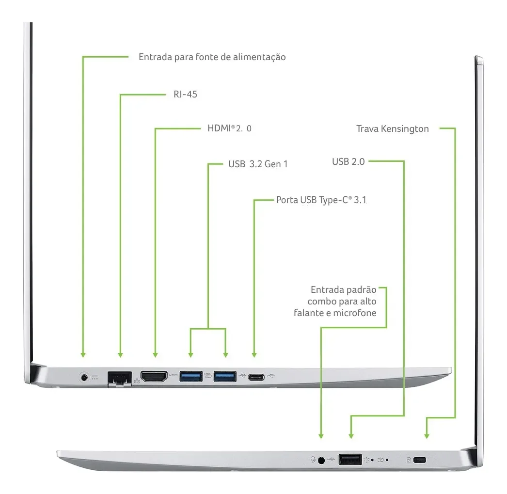 Acer Aspire 5 A515-45-R2A3 parte inferior bateria íon de lítio 48Wh autonomia