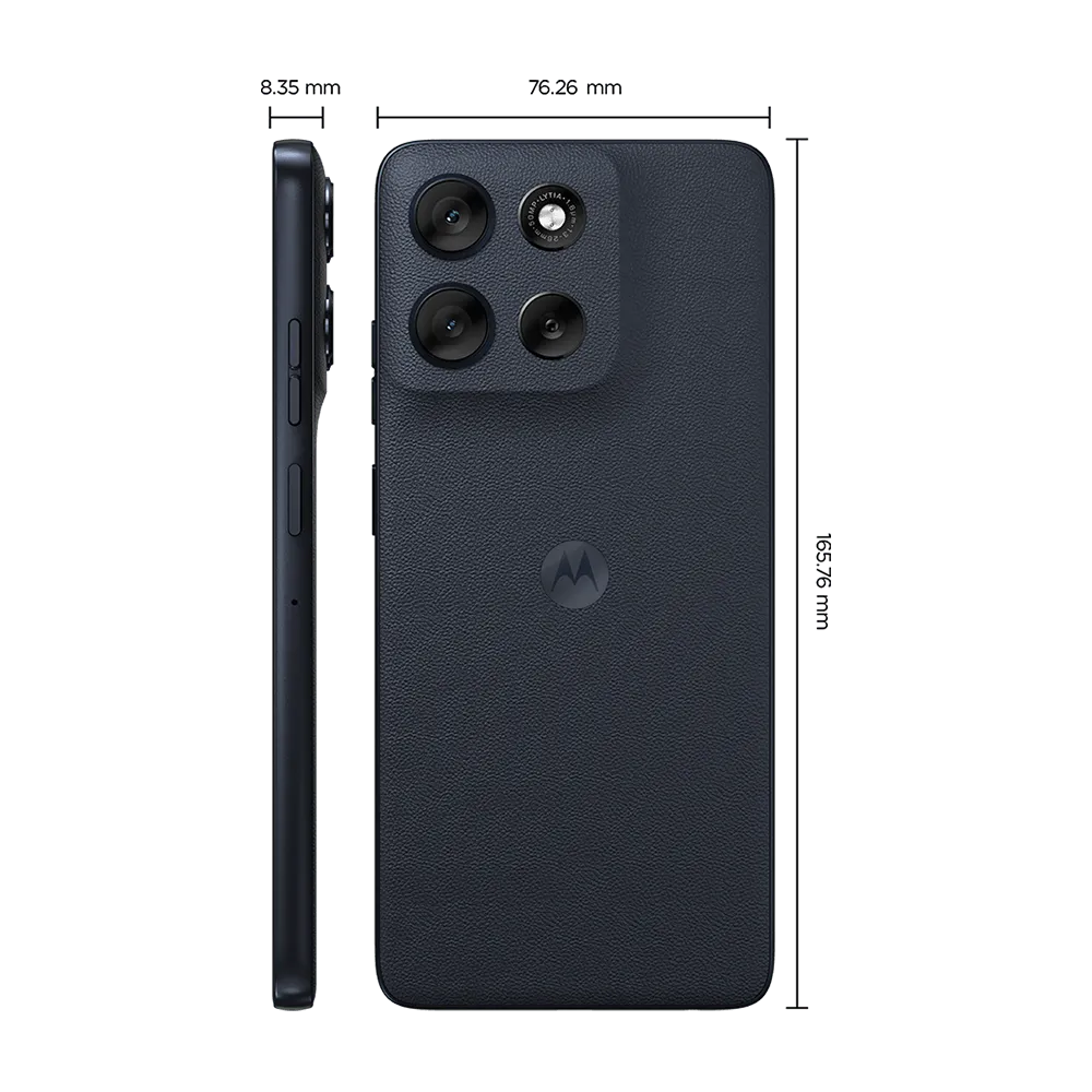Moto G56 5G dimensões e design traseiro mostrando certificação de resistência à água IP68 e IP69