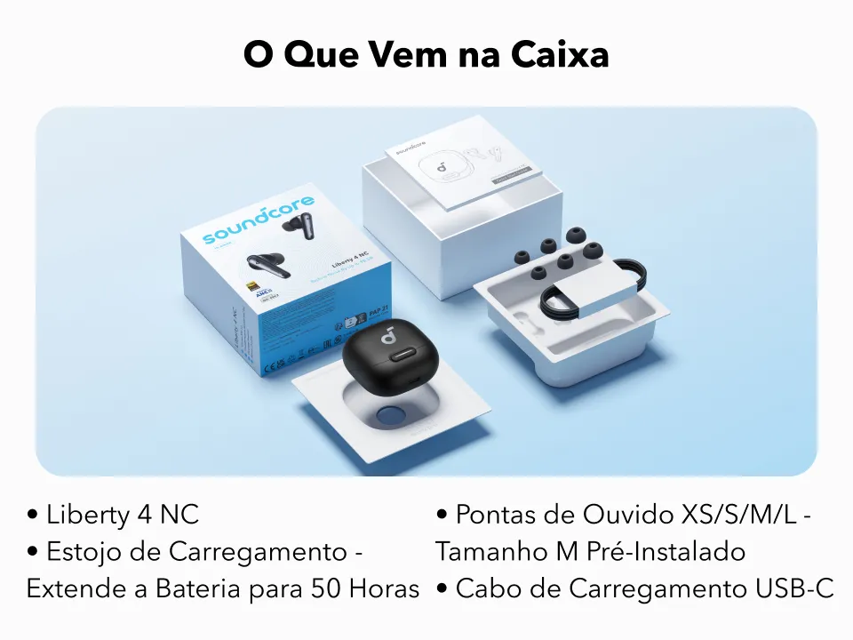 Review Especializada: Soundcore Liberty 4 NC – O Novo Padrão de Silêncio da Anker? 9 Soundcore Liberty 4 NC conteúdo da caixa acessórios inclusos