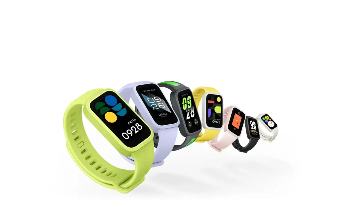 Xiaomi Smart Band 9 Active disponível em cores como preto, branco, bege e rosa — design ultrafino