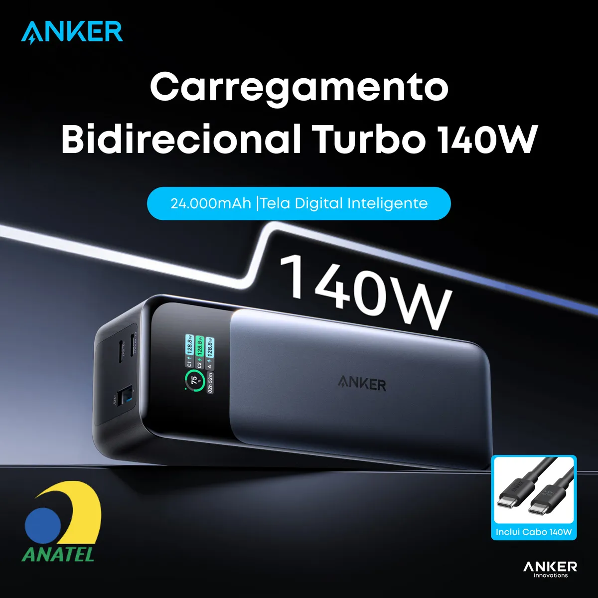 Power bank Anker 737 Gen 2 24.000mAh com display TFT de wattagem