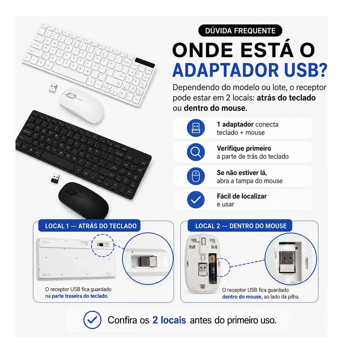 Teclado e mouse sem fio com receptor USB. Informações sobre localização do adaptador.