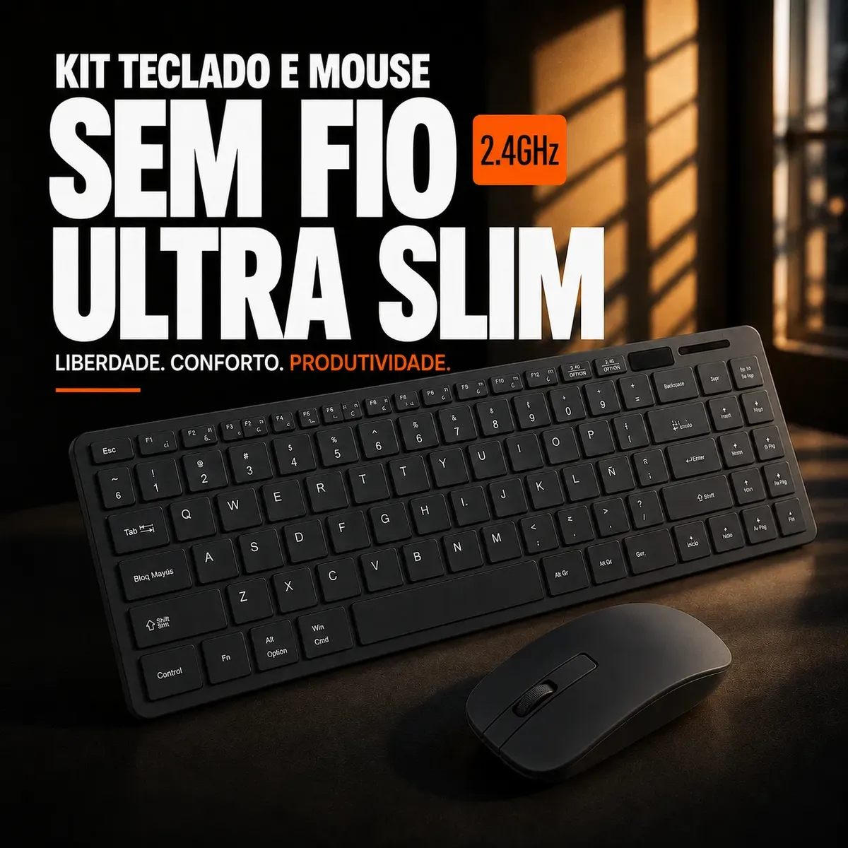 Teclado e mouse sem fio ultra-slim 2.4GHz. Design ergonômico para maior produtividade.