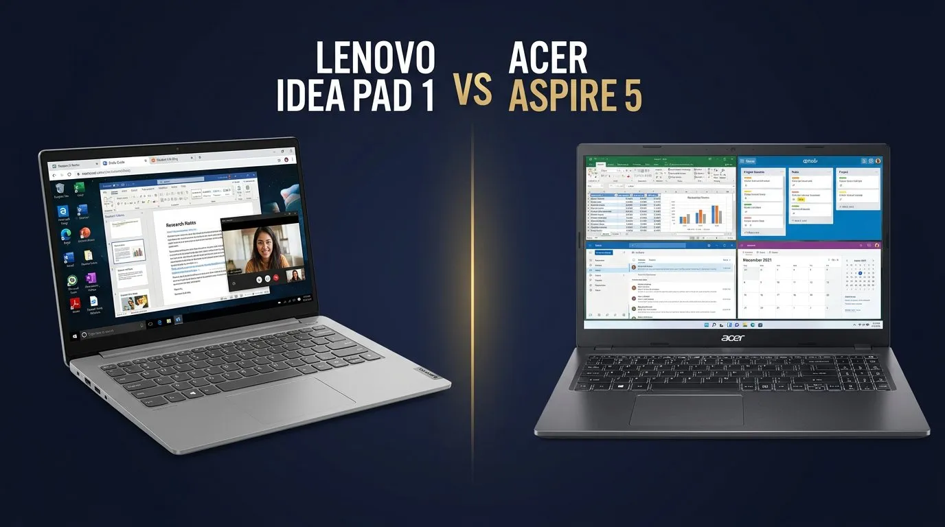 Comparativo Lenovo IdeaPad 1 vs Acer Aspire 5 2026 — notebooks lado a lado