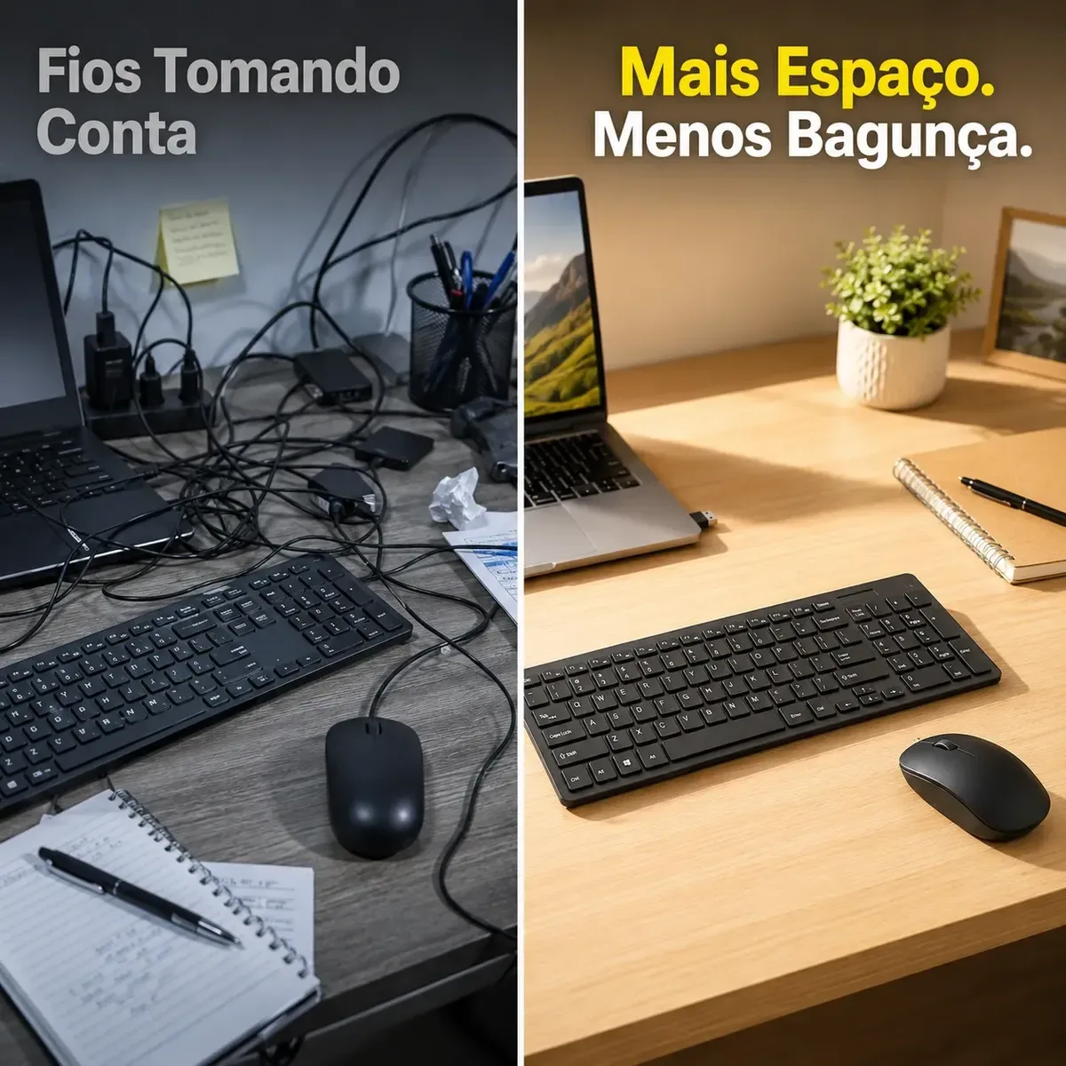 Kit teclado e mouse sem fio, mostrando organização de mesa e espaço liberado.